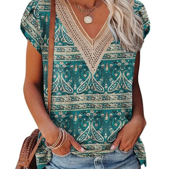 Women's Teal Paisley Crochet Neck Cotton Flowy Boho Top Casual Summer Spring XL - Picture 1 of 15